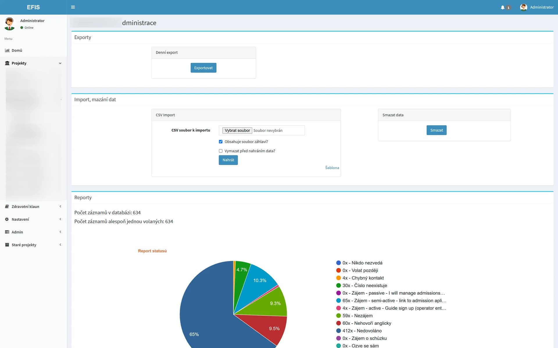 Administrace projektu: export, import a report stavů