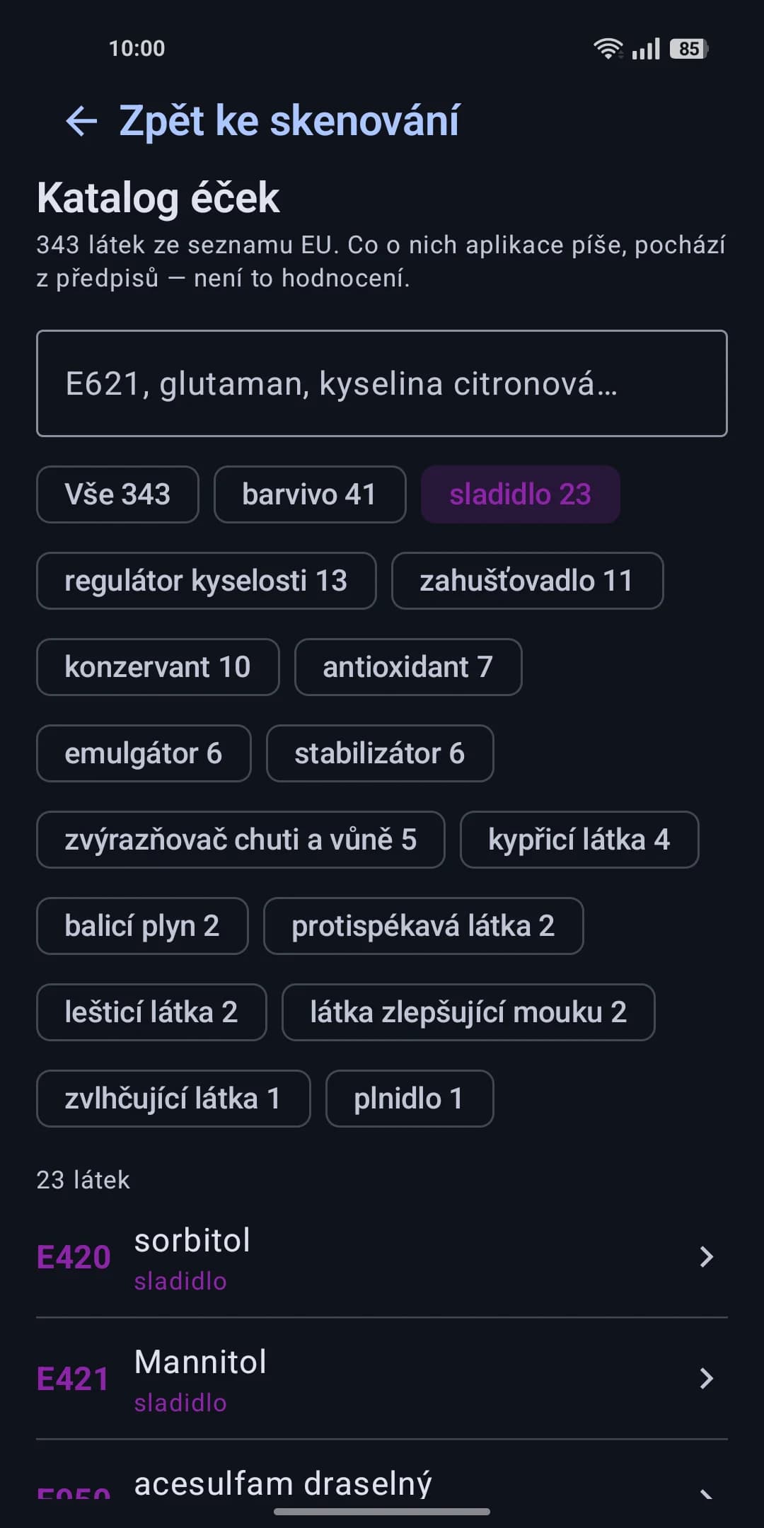 Katalog éček s vyhledáváním a filtry