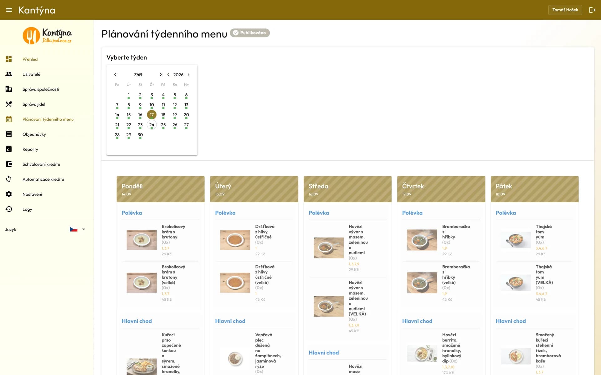 Plánování týdenního menu v administraci